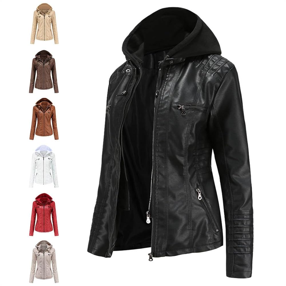 Women's Leather Jacket Detachable Hooded PU Leather Coat Women's Leather Jacket Detachable Hooded PU Leather Coat